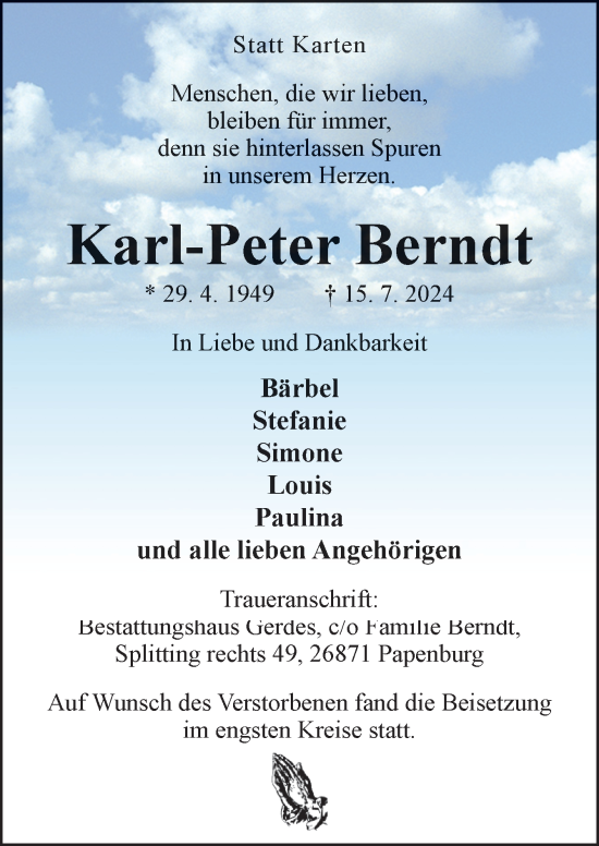 Traueranzeige von Karl-Peter Berndt von Neue Osnabrücker Zeitung GmbH & Co. KG