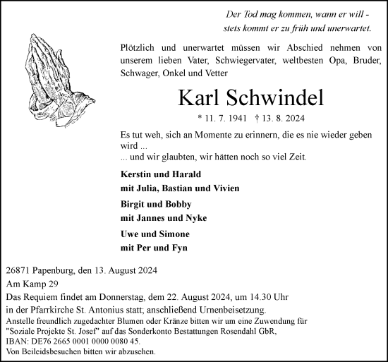 Traueranzeige von Karl Schwindel von Neue Osnabrücker Zeitung GmbH & Co. KG