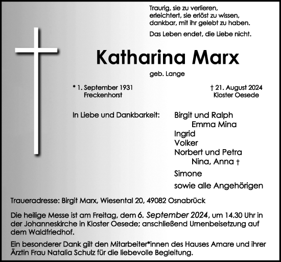 Traueranzeige von Katharina Marx von Neue Osnabrücker Zeitung GmbH & Co. KG