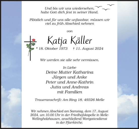 Traueranzeige von Katja Käller von Neue Osnabrücker Zeitung GmbH & Co. KG