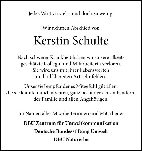 Traueranzeige von Kerstin Schulte von Neue Osnabrücker Zeitung GmbH & Co. KG