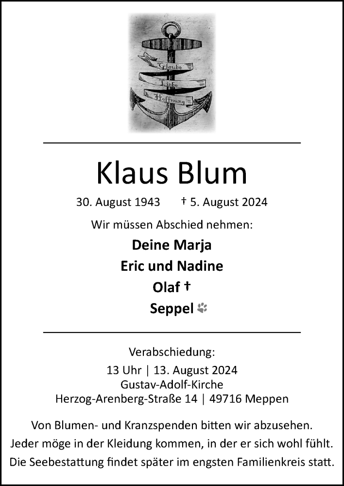  Traueranzeige für Klaus Blum vom 10.08.2024 aus Neue Osnabrücker Zeitung GmbH & Co. KG
