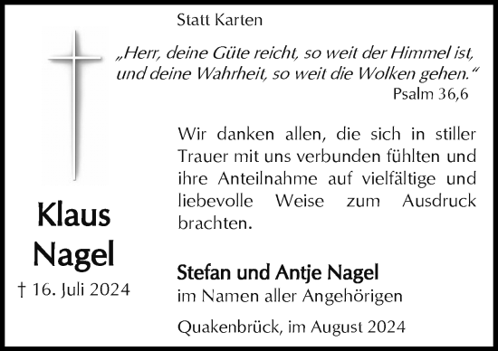 Traueranzeige von Klaus Nagel von Neue Osnabrücker Zeitung GmbH & Co. KG