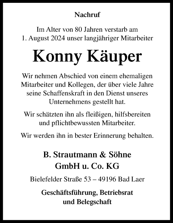 Traueranzeige von Konny Käuper von Neue Osnabrücker Zeitung GmbH & Co. KG