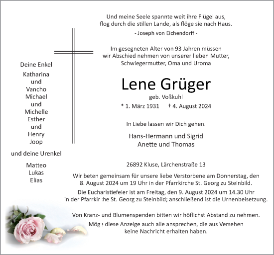 Traueranzeige von Lene Grüger von Neue Osnabrücker Zeitung GmbH & Co. KG