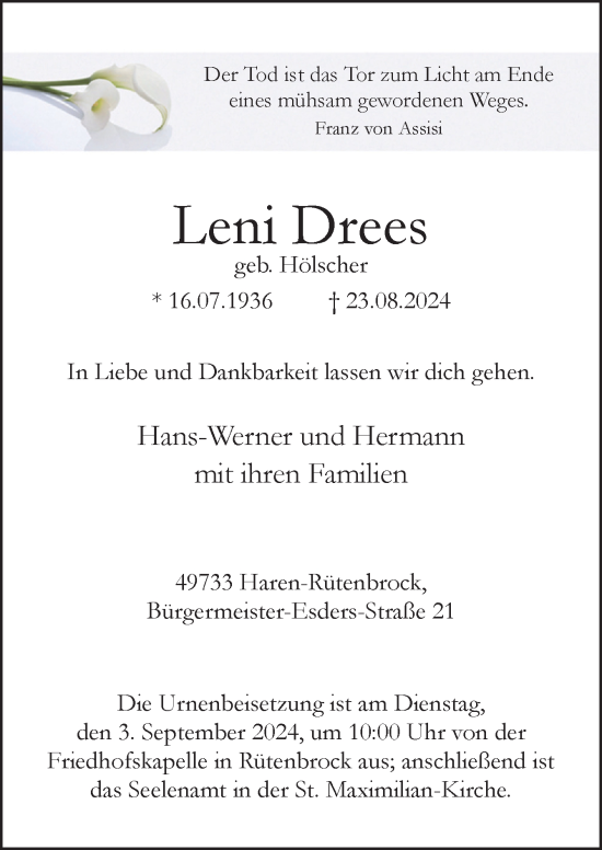 Traueranzeige von Leni Drees von Neue Osnabrücker Zeitung GmbH & Co. KG