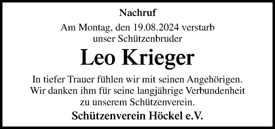 Traueranzeige von Leo Krieger von Neue Osnabrücker Zeitung GmbH & Co. KG