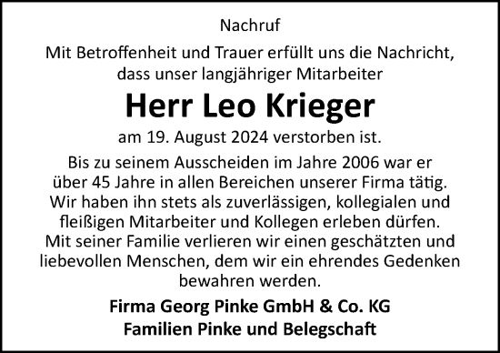 Traueranzeige von Leo Krieger von Neue Osnabrücker Zeitung GmbH & Co. KG