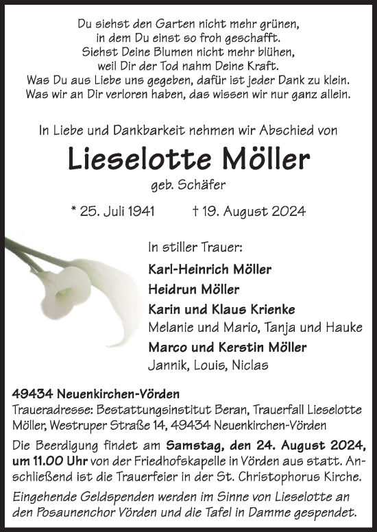 Traueranzeige von Lieselotte Möller von Neue Osnabrücker Zeitung GmbH & Co. KG