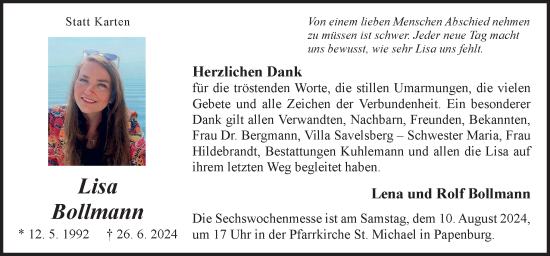 Traueranzeige von Lisa Bollmann von Neue Osnabrücker Zeitung GmbH & Co. KG