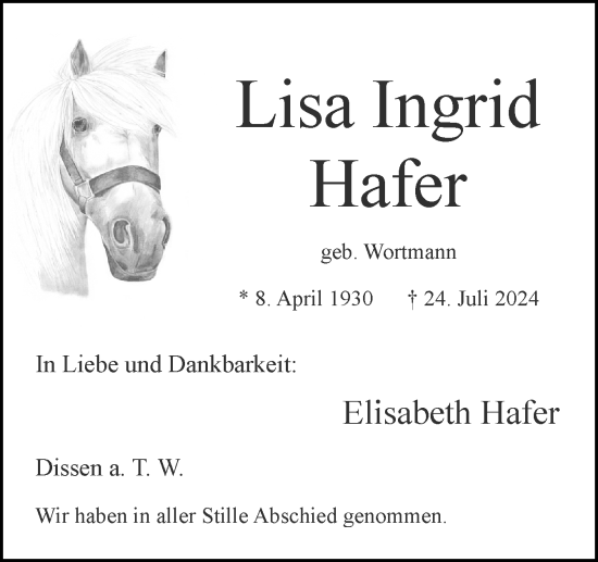 Traueranzeige von Lisa Ingrid Hafer von Neue Osnabrücker Zeitung GmbH & Co. KG