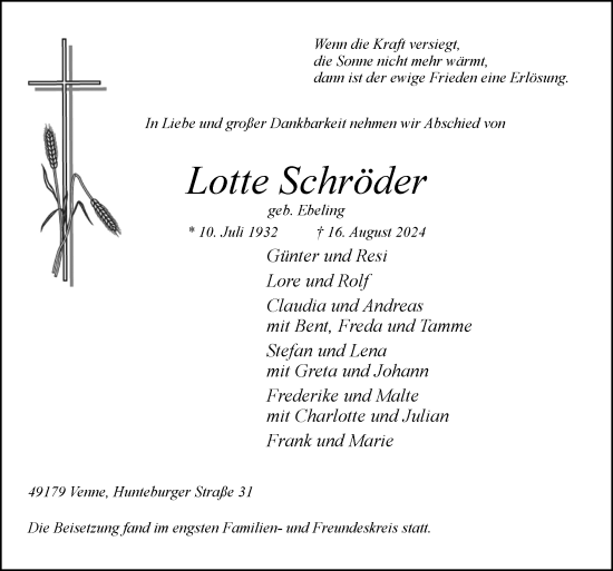 Traueranzeige von Lotte Schröder von Neue Osnabrücker Zeitung GmbH & Co. KG