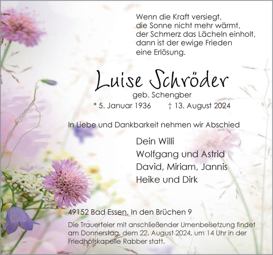 Traueranzeige von Luise Schröder von Neue Osnabrücker Zeitung GmbH & Co. KG