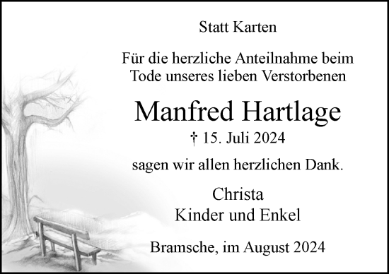 Traueranzeige von Manfred Hartlage von Neue Osnabrücker Zeitung GmbH & Co. KG