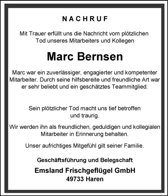 Traueranzeige von Marc Bernsen von Neue Osnabrücker Zeitung GmbH & Co. KG