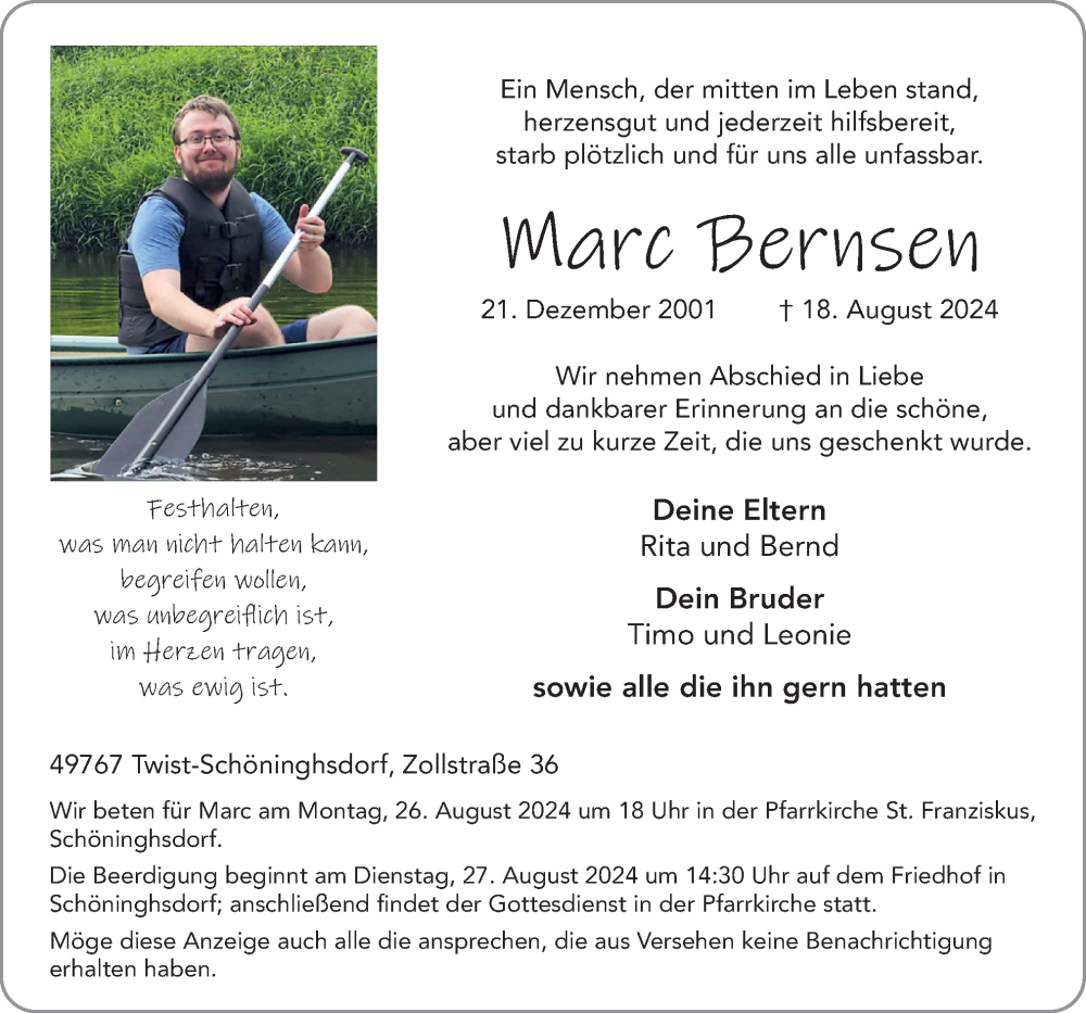  Traueranzeige für Marc Bernsen vom 24.08.2024 aus Neue Osnabrücker Zeitung GmbH & Co. KG