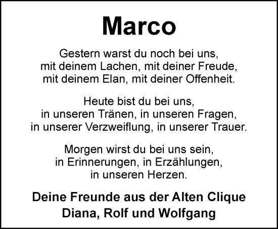 Traueranzeige von Marco Döbbeler von Neue Osnabrücker Zeitung GmbH & Co. KG