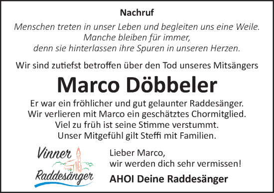 Traueranzeige von Marco Döbbeler von Neue Osnabrücker Zeitung GmbH & Co. KG