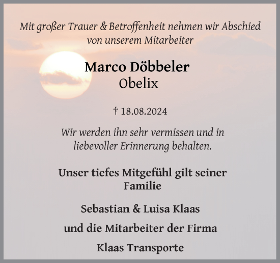 Traueranzeige von Marco Döbbeler von Neue Osnabrücker Zeitung GmbH & Co. KG