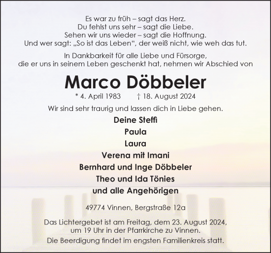 Traueranzeige von Marco Döbbeler von Neue Osnabrücker Zeitung GmbH & Co. KG