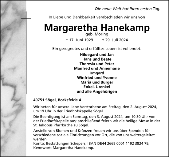 Traueranzeige von Margaretha Hanekamp von Neue Osnabrücker Zeitung GmbH & Co. KG