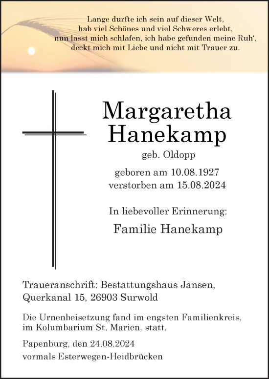 Traueranzeige von Margaretha Oldopp von Neue Osnabrücker Zeitung GmbH & Co. KG