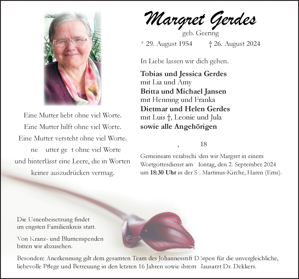  Traueranzeige für Margret Gerdes vom 29.08.2024 aus Neue Osnabrücker Zeitung GmbH & Co. KG