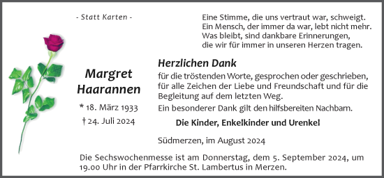 Traueranzeige von Margret Haarannen von Neue Osnabrücker Zeitung GmbH & Co. KG