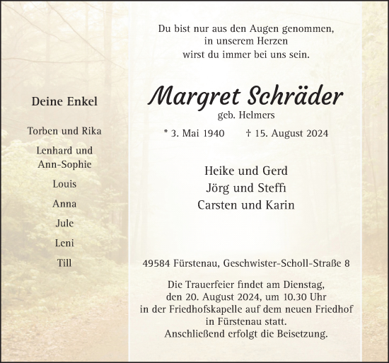 Traueranzeige von Margret Schräder von Neue Osnabrücker Zeitung GmbH & Co. KG