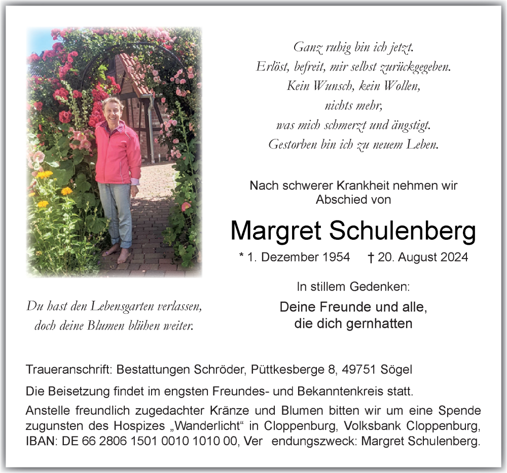  Traueranzeige für Margret Schulenberg vom 24.08.2024 aus Neue Osnabrücker Zeitung GmbH & Co. KG