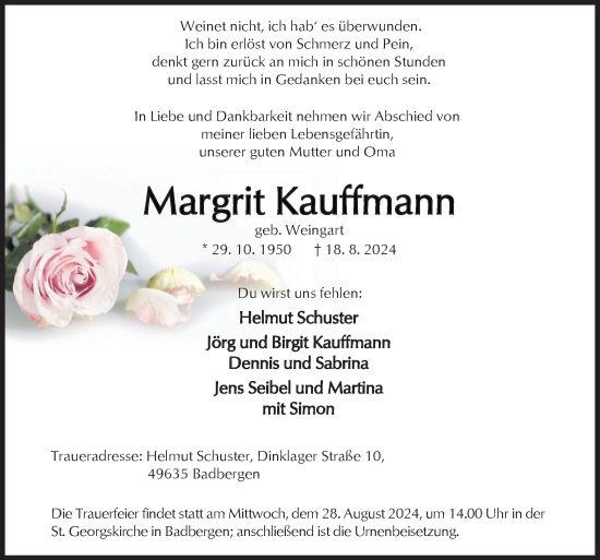 Traueranzeige von Margrit Kauffmann von Neue Osnabrücker Zeitung GmbH & Co. KG