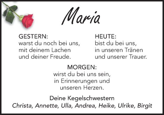 Traueranzeige von Maria  von Neue Osnabrücker Zeitung GmbH & Co. KG