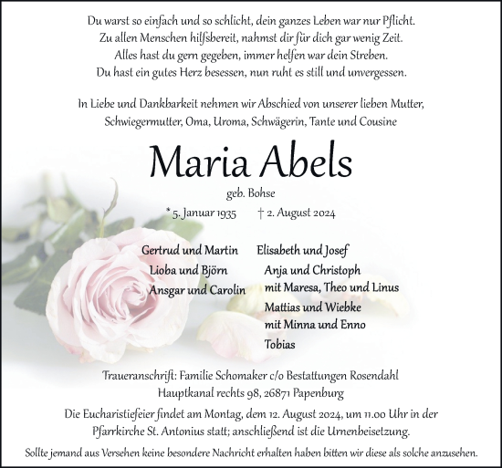 Traueranzeige von Maria Abels von Neue Osnabrücker Zeitung GmbH & Co. KG