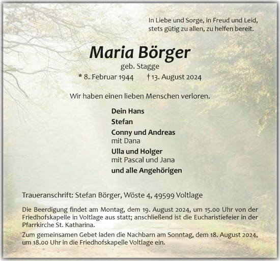 Traueranzeige von Maria Börger von Neue Osnabrücker Zeitung GmbH & Co. KG