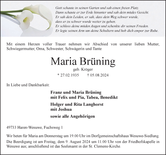 Traueranzeige von Maria Brüning von Neue Osnabrücker Zeitung GmbH & Co. KG