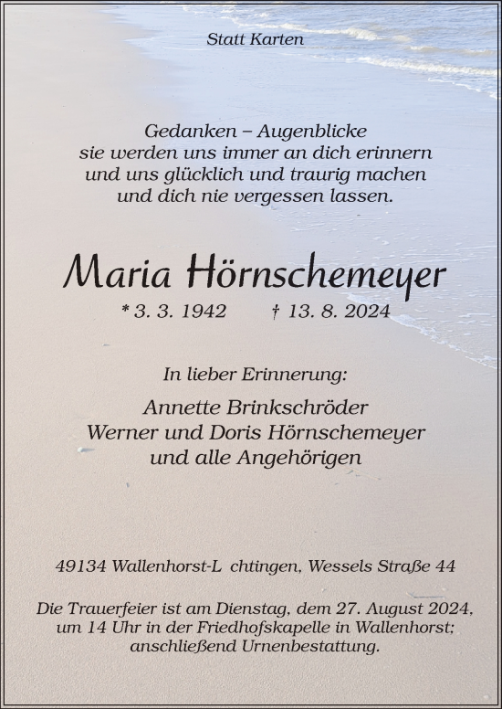 Traueranzeige von Maria Hörnschemeyer von Neue Osnabrücker Zeitung GmbH & Co. KG