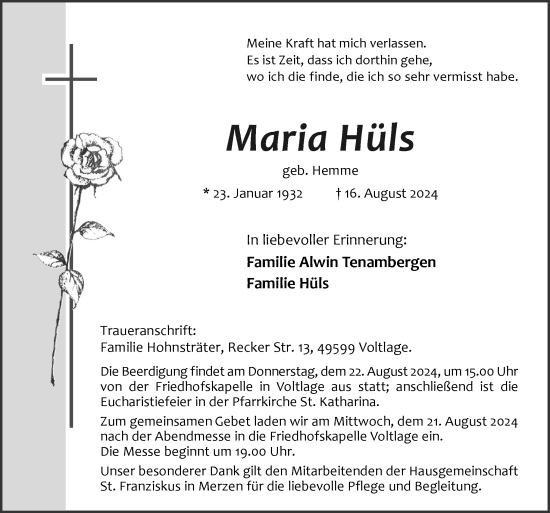 Traueranzeige von Maria Hüls von Neue Osnabrücker Zeitung GmbH & Co. KG