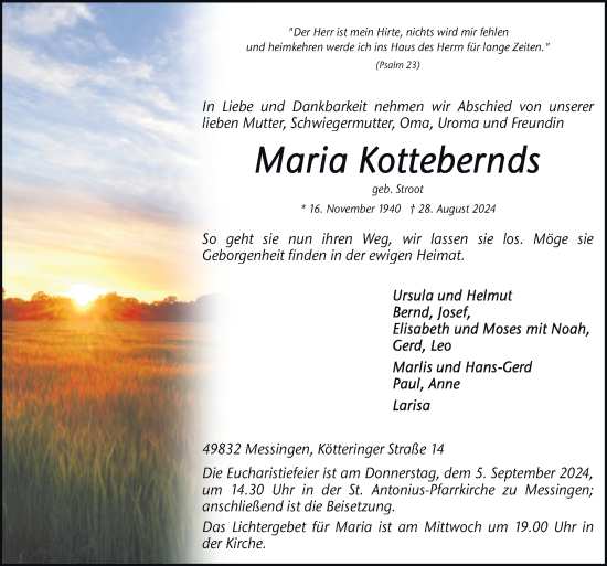 Traueranzeige von Maria Kottebernds von Neue Osnabrücker Zeitung GmbH & Co. KG