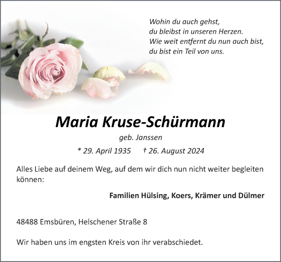 Traueranzeige von Maria Kruse-Schürmann von Neue Osnabrücker Zeitung GmbH & Co. KG