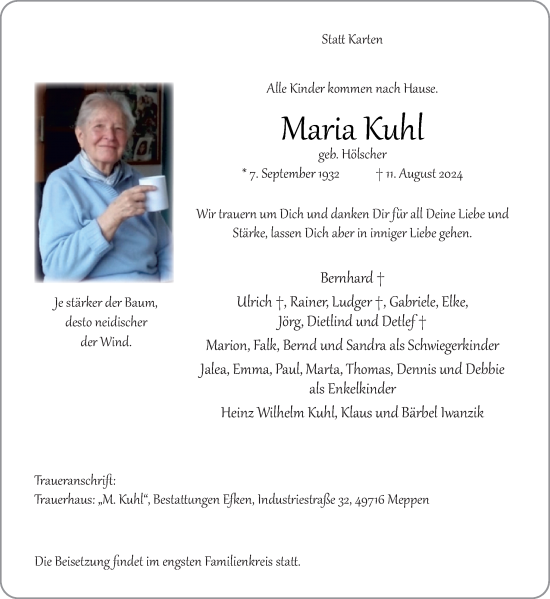 Traueranzeige von Maria Kuhl von Neue Osnabrücker Zeitung GmbH & Co. KG