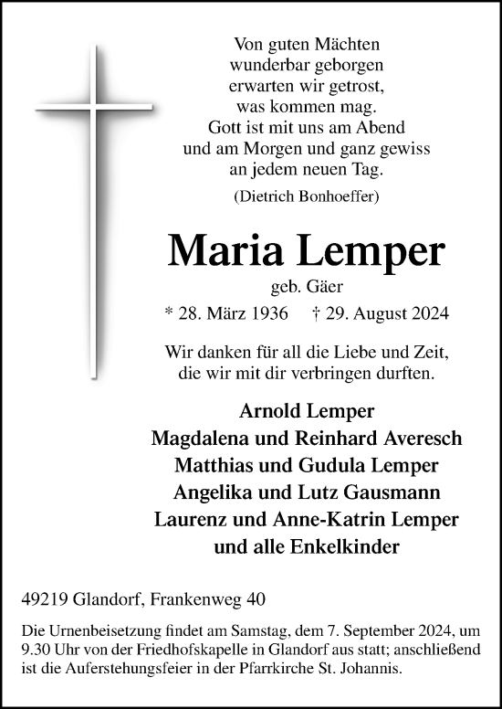 Traueranzeige von Maria Lemper von Neue Osnabrücker Zeitung GmbH & Co. KG