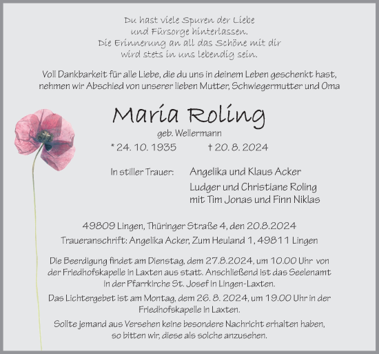 Traueranzeige von Maria Roling von Neue Osnabrücker Zeitung GmbH & Co. KG