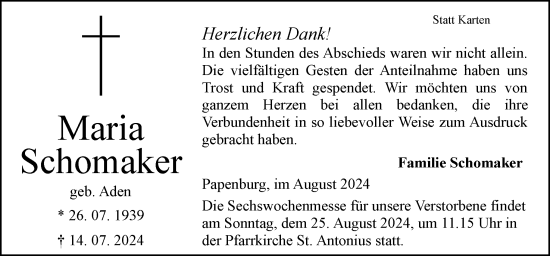 Traueranzeige von Maria Schomaker von Neue Osnabrücker Zeitung GmbH & Co. KG