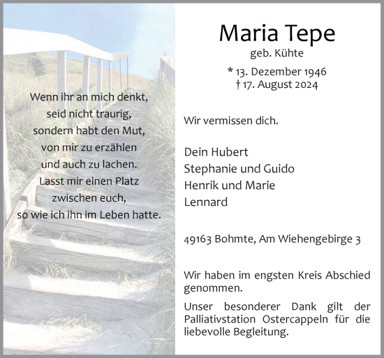 Traueranzeige von Maria Tepe von Neue Osnabrücker Zeitung GmbH & Co. KG