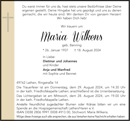 Traueranzeige von Maria Wilkens von Neue Osnabrücker Zeitung GmbH & Co. KG