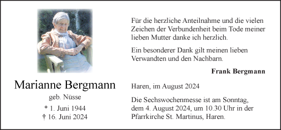 Traueranzeige von Marianne Bergmann von Neue Osnabrücker Zeitung GmbH & Co. KG