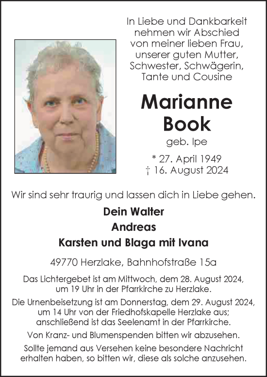 Traueranzeige von Marianne Book von Neue Osnabrücker Zeitung GmbH & Co. KG