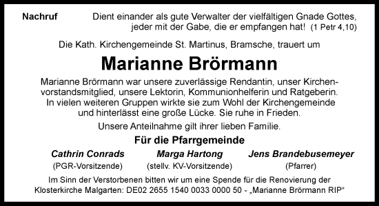 Traueranzeige von Marianne Brörmann von Neue Osnabrücker Zeitung GmbH & Co. KG