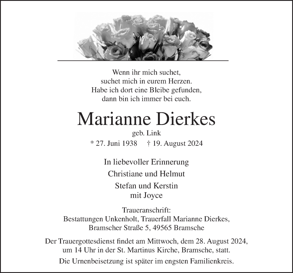  Traueranzeige für Marianne Dierkes vom 24.08.2024 aus Neue Osnabrücker Zeitung GmbH & Co. KG