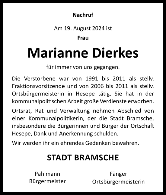 Traueranzeige von Marianne Dierkes von Neue Osnabrücker Zeitung GmbH & Co. KG